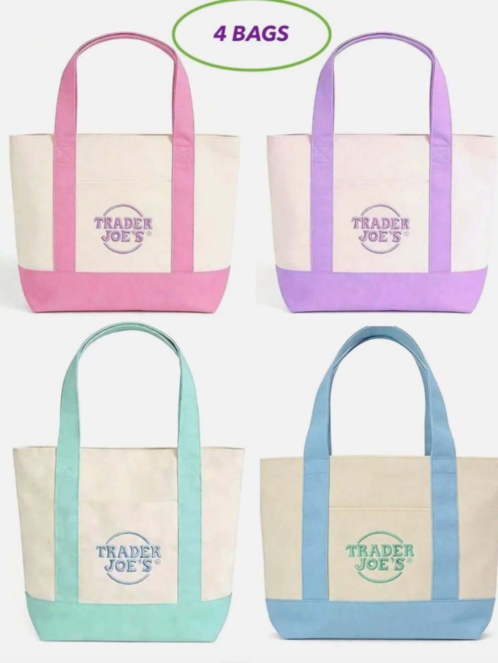 NWT 4X TRADER JOE'S MINI PASTEL CANVAS TOTE BAGS SPRING PASTEL COLORS SET